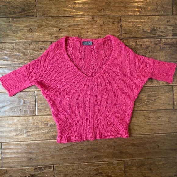 Wooden Ships Sweaters - Wooden Ships S/M Sweater Pink V Neck Open Knit Mohair Wool Short Sleeve Cropped